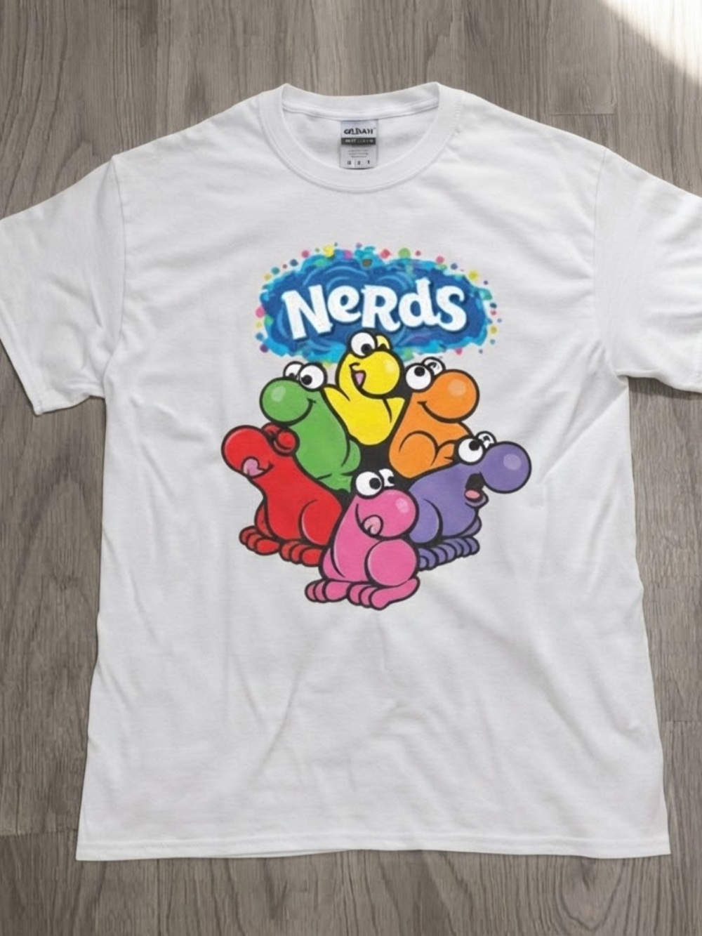 Gildan White Tee with Colorful Nerds Characters